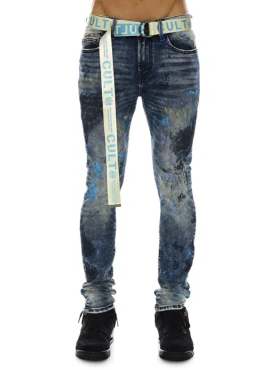 Shop Cult Of Individuality Men's Belted Distressed Super Skinny Jeans In Abstract Blue
