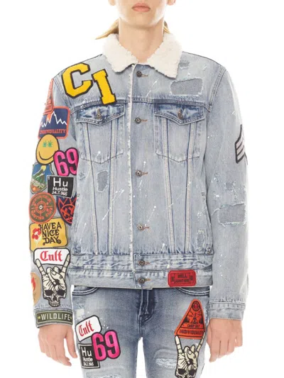 Shop Cult Of Individuality Men's Faux Shearling Patches Denim Jacket In Blue