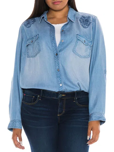 Shop Slink Jeans Plus Women's Paisley Chambray Western Shirt In Blue