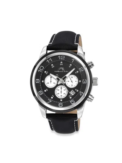 Shop Porsamo Bleu Men's Arthur 44mm Stainless Steel & Leather Strap Chronograph Watch In Black