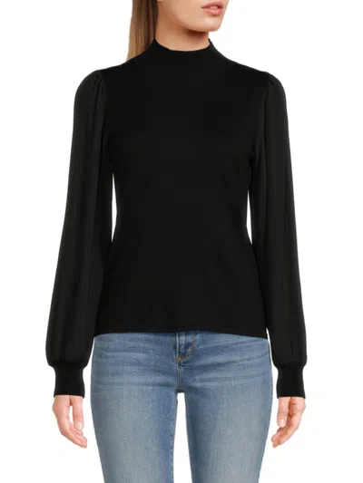 Shop Saks Fifth Avenue Women's Sheer Blouson Sleeve Mockneck Sweater In Black