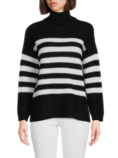 Shop M Magaschoni Women's Cashmere Striped Turtleneck Sweater In Black Frost