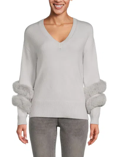 Shop Saks Fifth Avenue Women's Faux Fur Trim Sweater In Glacier Grey