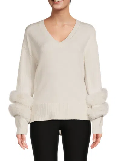 Shop Saks Fifth Avenue Women's Faux Fur Trim Sweater In Frost White