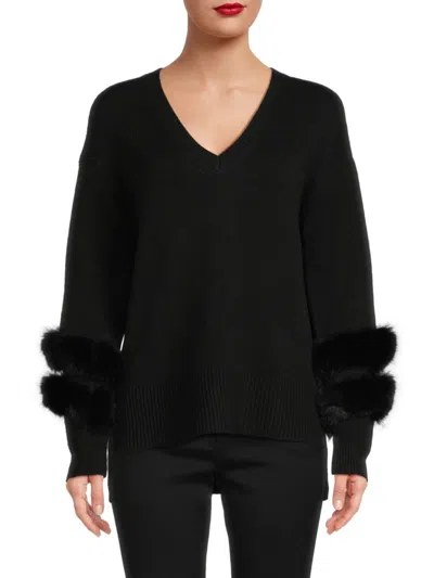 Shop Saks Fifth Avenue Women's Faux Fur Trim Sweater In Black