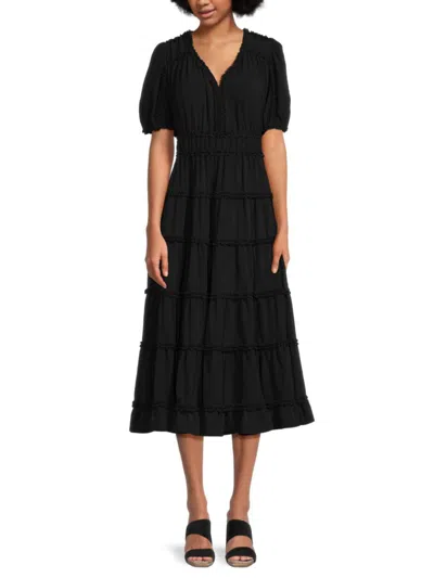 Shop Focus By Shani Women's Ruffle Trim Tiered Midi Dress In Black