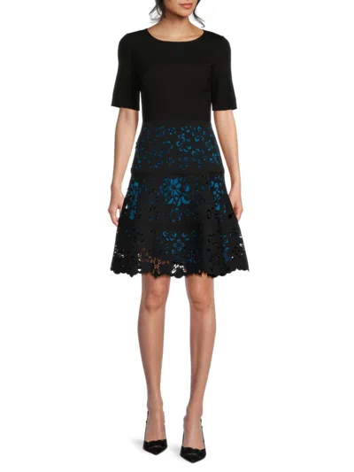 Shop Focus By Shani Women's Laser Fit & Flare Dress In Black Blue