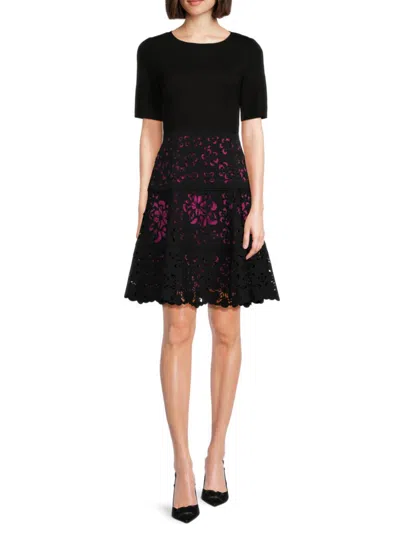 Shop Focus By Shani Women's Laser Fit & Flare Dress In Black Fuchsia