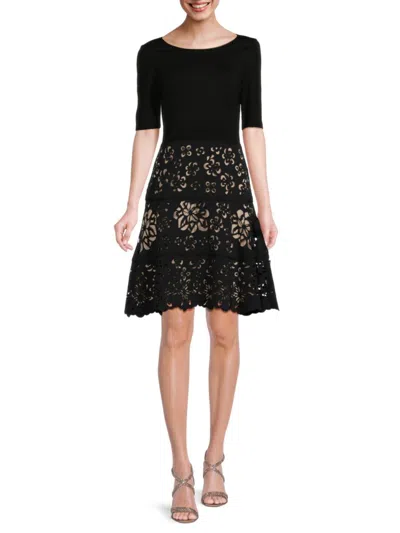 Shop Focus By Shani Women's Laser Cutout Fit & Flare Dress In Black Beige