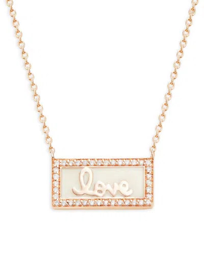 Shop Sydney Evan Women's 14k Rose Gold & 0.13 Tcw Diamond Love Script Enamel Bar Pendant Necklace