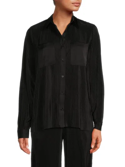 Shop Saks Fifth Avenue Women's Plisse Satin Button Down Shirt In Black
