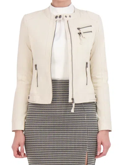 Shop Ookie & Lala Women's Mixed Media Faux Leather Trim Moto Jacket In Off White