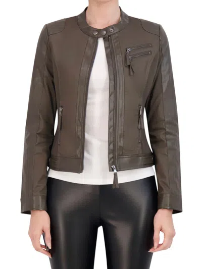 Shop Ookie & Lala Women's Mixed Media Faux Leather Trim Moto Jacket In Olive