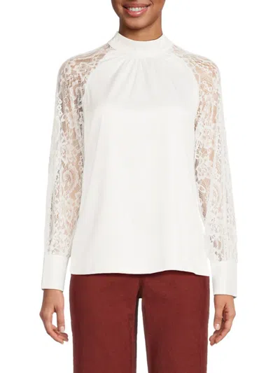 Shop Saks Fifth Avenue Women's Satin & Lace Blouse In Ivory