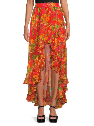 Shop Caroline Constas Women's Del Floral Silk Mini High Low Skirt In Red Radiant