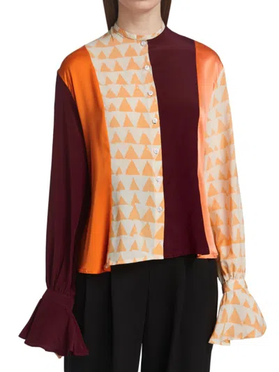 Shop Studio 189 Women's Patchwork Ruffle Silk Shirt In Orange Mix