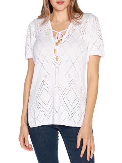 Shop Belldini Women's Lace Up Pointelle Knit Top In White
