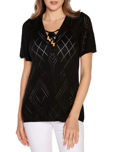 Shop Belldini Women's Lace Up Pointelle Knit Top In Black