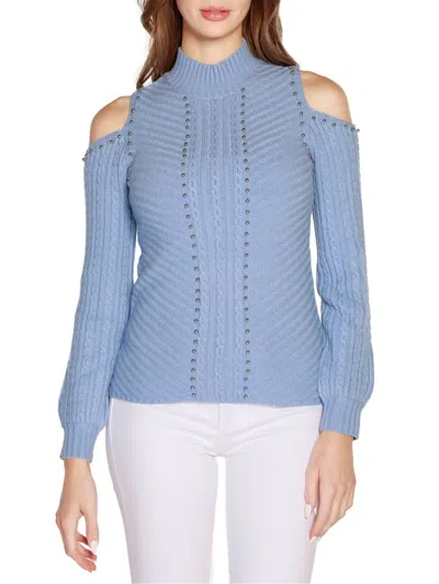 Shop Belldini Women's Embellished Cold Shoulder Mockneck Sweater In Blue