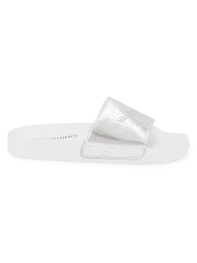 Shop Valentino By Mario Valentino Women's Sibilla Perforated Leather Slides In Silver