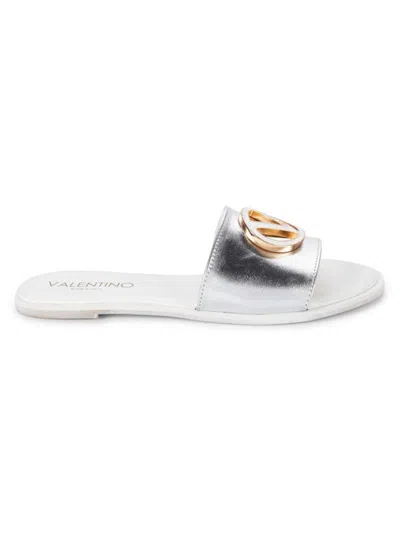 Shop Valentino By Mario Valentino Women's Bugola Logo Leather Flat Sandals In Silver