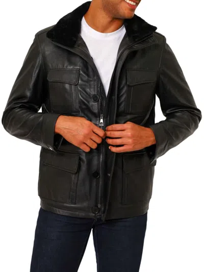 Shop Vellapais Men's Colmar Faux Fur Trim Leather Jacket In Black