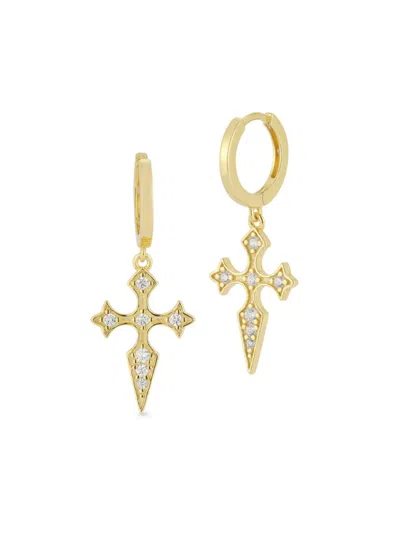 Shop Chloe & Madison Women's 14k Goldplated Sterling Silver & Cubic Zirconia Cross Huggie Earrings