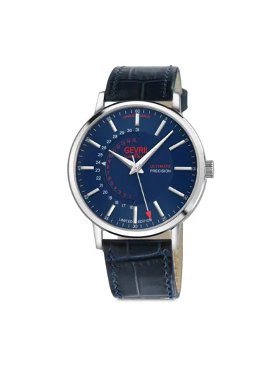 Shop Gevril Men's Guggenheim 40mm Stainless Steel & Leather Strap Watch In Sapphire