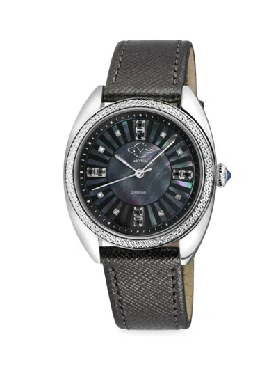 Shop Gevril Palermo 35mm Stainless Steel, Diamond & Leather Strap Watch In Black