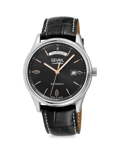 Shop Gevril Men's Excelsior 42mm Stainless Steel & Croc Embossed Automatic Leather Strap Watch In Black