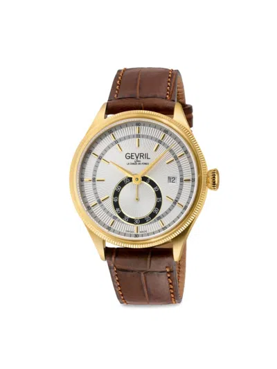 Shop Gevril Men's Empire 40mm Ip Goldtone Stainless Steel & Leather Strap Chronograph Watch In Sapphire