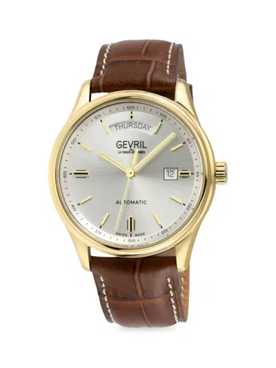Shop Gevril Men's Excelsior 42mm Ion Plated Goldtone Stainless Steel & Croc Embossed Automatic Leather Strap Wat In Sapphire