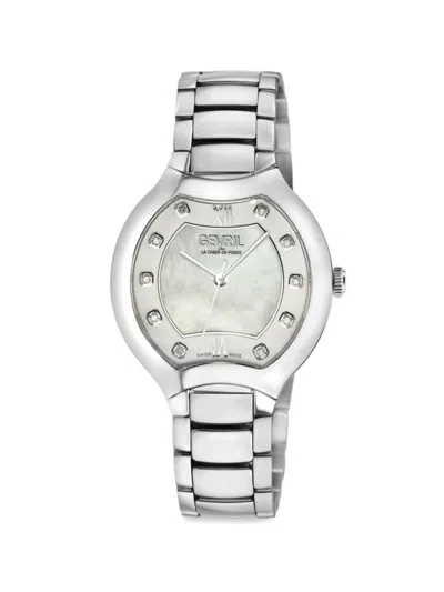 Shop Gevril Women's Lugano 35mm Stainless Steel, Mother Of Pearl & Diamond Bracelet Watch In Sapphire