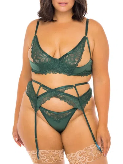 Shop Oh La La Cheri Women's Plus Louisa 3-piece Bra & Garter Belt Set In Dark Green