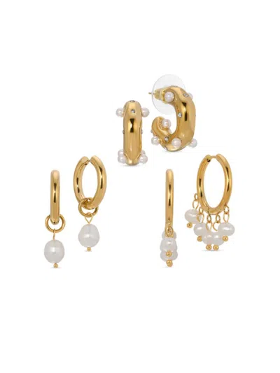 Shop Eye Candy La Women's The Luxe Selma 3-piece Goldtone & Shell Pearl Hoop Earrings Set In Neutral