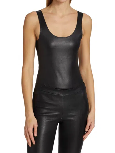 Shop Sprwmn Women's Leather Scoopneck Bodysuit In Black