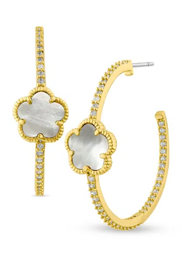 Shop Cz By Kenneth Jay Lane Women's 14k Goldplated, Mother Of Pearl & Cubic Zirconia Half Hoop Earrings In Brass