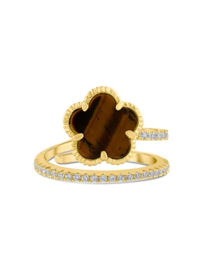 Shop Cz By Kenneth Jay Lane Women's 14k Goldplated, Cubic Zirconia & Faux Tigers Eye Flower Wrap Ring In Brass