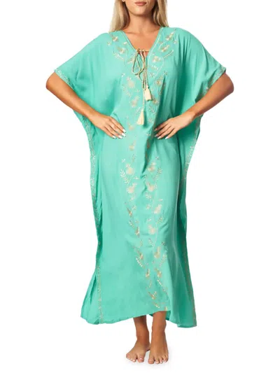 Shop La Moda Clothing Women's Embroidered Maxi Caftan Cover Up In Green