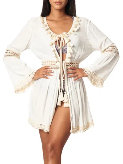 Shop La Moda Clothing Women's Tassel Lace Trim Mini Cover Up Dress In White