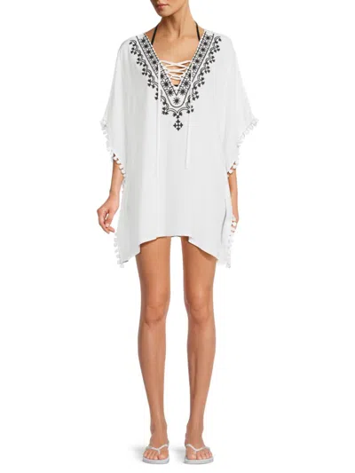 Shop Saks Fifth Avenue Women's Embroidered Lace Up Caftan In White