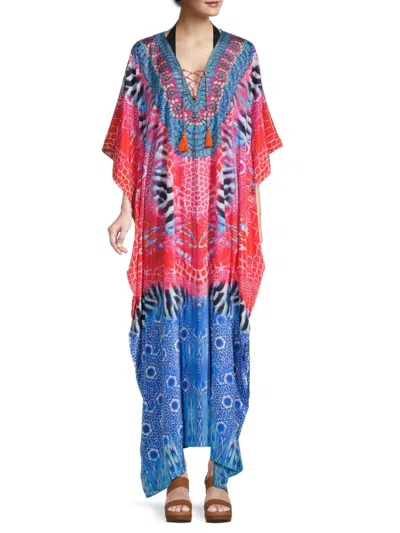 Shop La Moda Clothing Women's Animal-print Tassel-tie Caftan Cover-up In Blue Multi