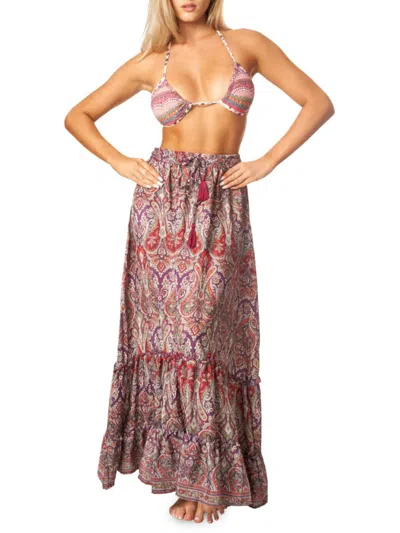 La Moda Clothing Women's Raffled Paisley Maxi Skirt In Red