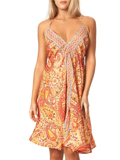 Shop La Moda Clothing Women's V Neck Paisley Halter Dress In Orange Multicolor