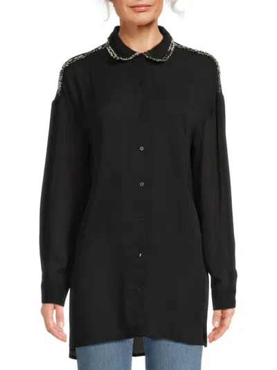 Shop Ellen Tracy Women's Oversized Fringe Button Down Shirt In Black