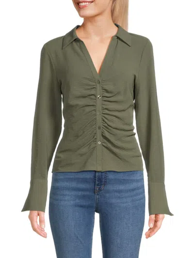Shop Laundry By Shelli Segal Women's Ruched Collared Satin Shirt In Light Olive