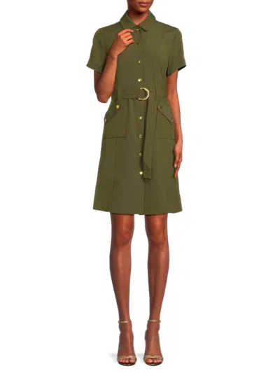 Shop Sharagano Women's Point Collar Belted Shirt Dress In Olive Drab