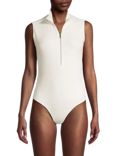 Shop Elie Tahari Women's Zip Front Ribbed Bodysuit In Sky White