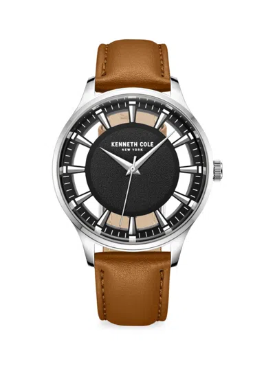 Shop Kenneth Cole Men's Transparency 43mm Silvertone & Leather Strap Watch In Black