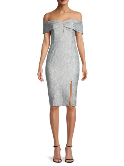 Shop Adrianna Papell Women's Jacquard Off Shoulder Sheath Dress In Blue Mist